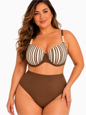 Striped & Solid Two-Piece Bikini Set - Brown & Cream